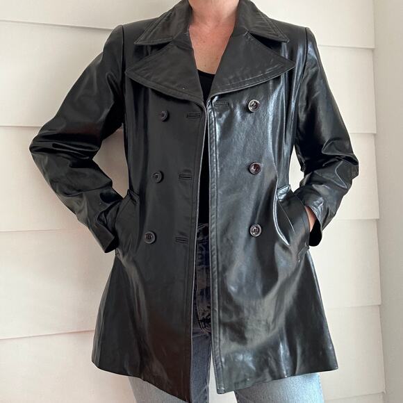 Vintage Black Leather Double Breasted Coat by bebe Size L - Picture 13 of 16